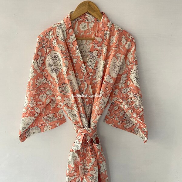 Pure Cotton Indian Block printed House Robe Summer Kimono | Floral Beach Coverup/Comfy Maternity Mom | Floral Dressing Gown Kimono Dress.