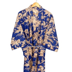 Indian Handblock Indigo Blue Cotton Robe, Bath Robe, Kimono Robe, Beach wear Robe, Kimono Cardigan, Mother's Day Gift, Block Print Kimono