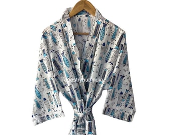 Block Printed Kimono, Cotton Bathrobe,Indian Wood Block Prints, Cotton Kimono Robe, Fish Printed Robe, Free Size Robe, Cotton Kimonos,