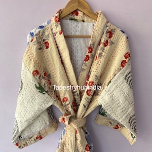 Floral Pattern Kantha Kimono Robes For Womens Cotton Bath Robes Beach Wear Winter Robe Kimonos