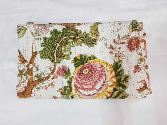 New Decorative Indian Handmade Floral Fruit Kantha Quilt  Kantha Bedspread Kantha Bedcover, Pure Cotton Kantha Throw