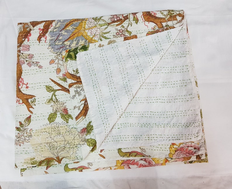 New Decorative Indian Handmade Floral Fruit Kantha Quilt Kantha Bedspread Kantha Bedcover, Pure Cotton Kantha Throw bild 2