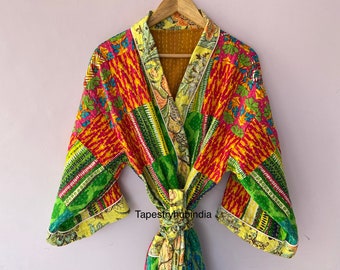 Indian handmade Kantha work beiage fruit cotton kimonos for winter new cotton bath robes free size long dress Christmas for her patchwork