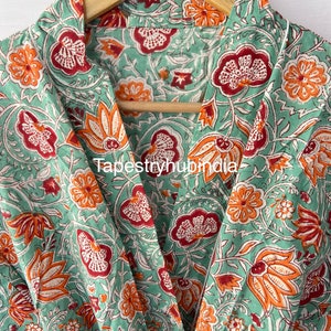 Block print cotton kimono Robes ,Boho and Hippi ,Gown and Maxi ,Long Short Robes ,Green Kimono,Morning Robes ,Party Wear robes