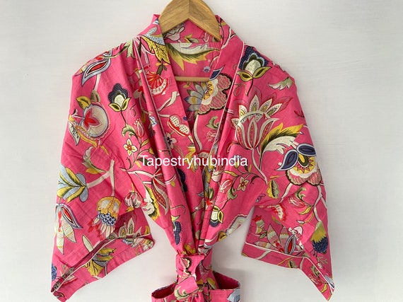 Indian cotton kimono, Handblock cotton kimono, Floral kimono robe,Beachwear robes, Wedding robes, After bath robe, Long kimono robe, Short