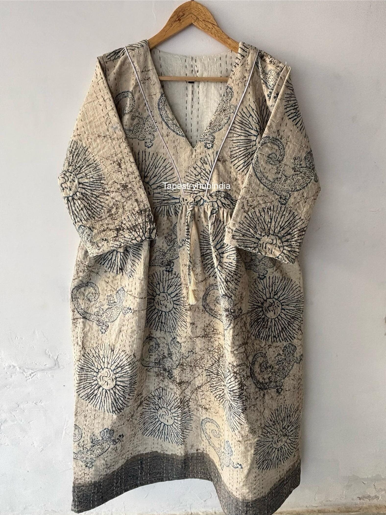 kantha quilt × hand block print dress New Kantha Dress, Handmade Cotton Dress, Lizard Printed Cotton