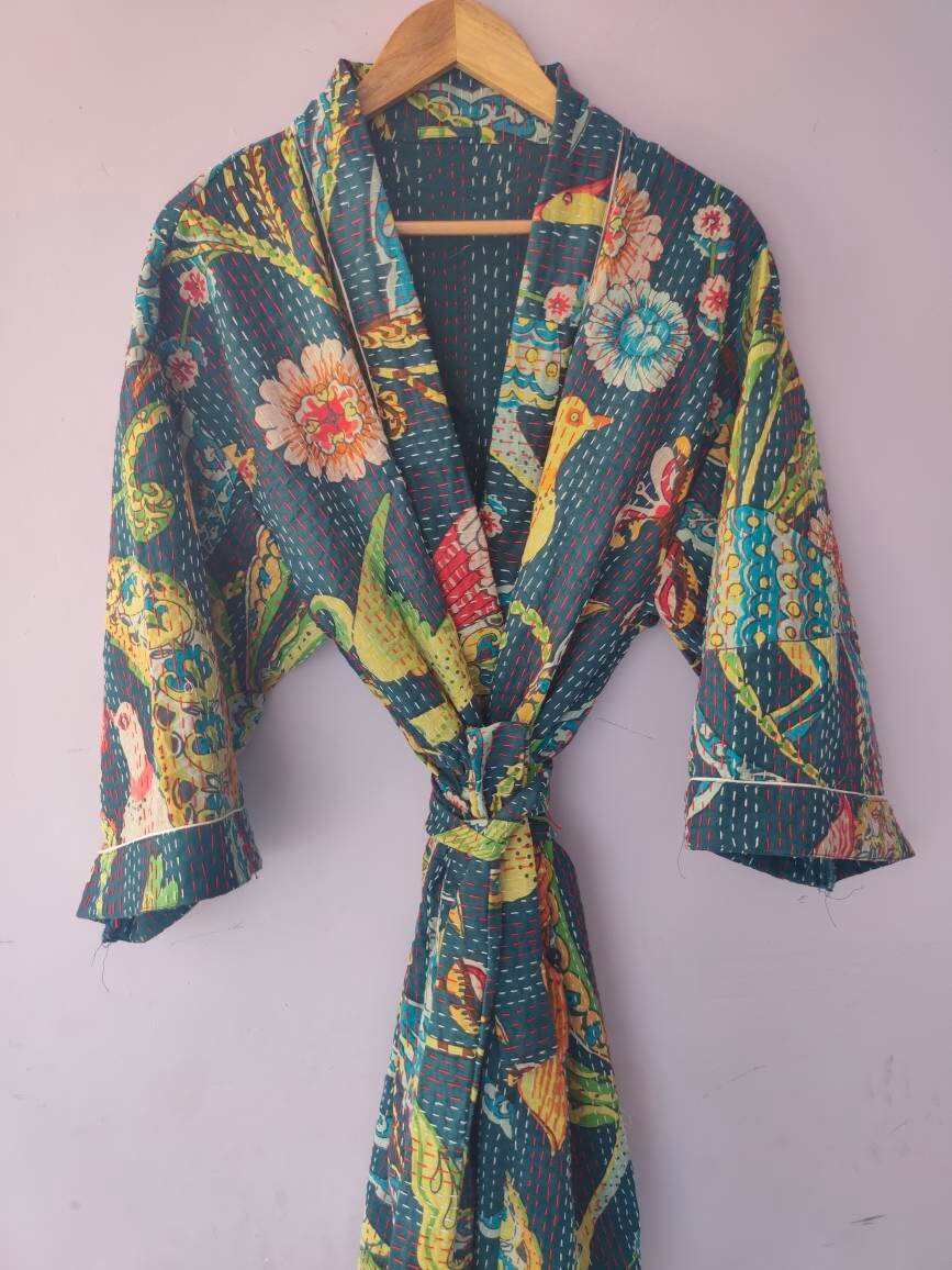 Bird Print Gown Cotton Kimono Women Wear Body Crossover | Etsy
