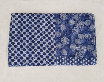 Patchwirk Print Indian Kantha Throw, Indian Cotton Kantha Quilts,Kantha Bedspread , 100% cotton, Handblock Kantha Quilt,Gudari Cotton