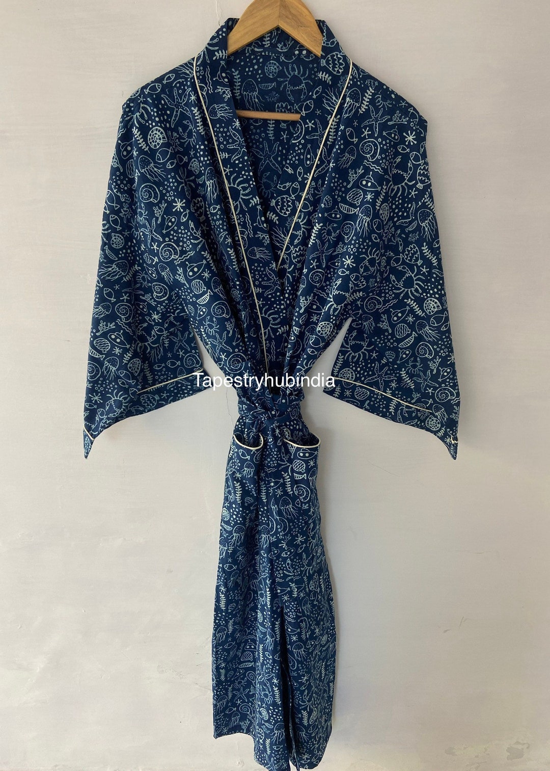 Indigo Robe New Indigo Fish Printed Pure Cotton Bath Robe ,night Wear Suit Dressing ...