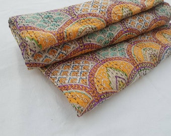 Kantha Quilt, Indian Kantha Blanket, Queen Quilt Bird Print Kantha Throw, Handmade Kantha Embroidered Bedspread