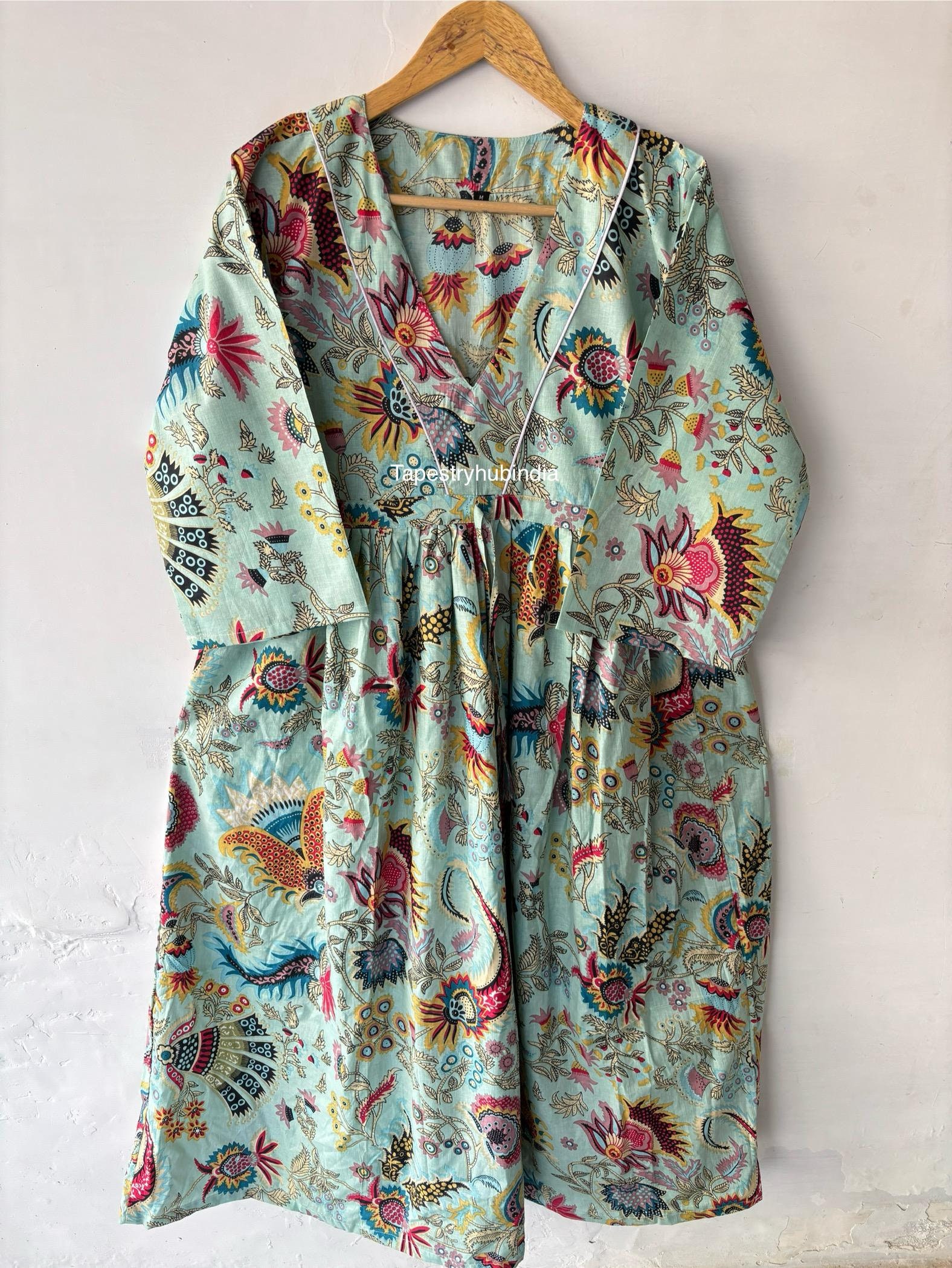 Floral Printed Cotton Dress Long Cotton Dress, Bird Printed Dress, Light Color Cotton Dress, Midi Length Cotton Dress