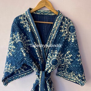 Indian Handmade Hand Quilted Fish Printed Cotton Kimono , Hand Block Kantha Robe , Bohemian Kimono , Bath Robe , Beach Wear Kimono