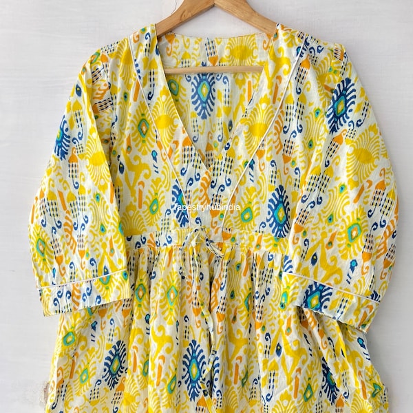 Yellow Print Soft Cotton Handblocks print Dress , Casual Dress, Deep V neckline Dress, Picnic wear Dress, Gifts For her , Bridesmaids , gown