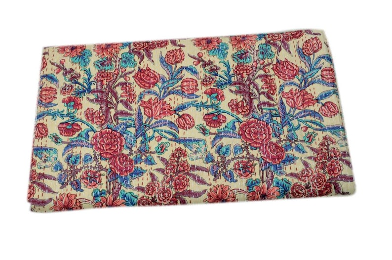 Handmade INDIAN Hand-Stitched Patchwork Vintage Kantha Quilt Hand-Stitched Queen Kantha Throw Floral Recycled Old Sari Cotton Blanket