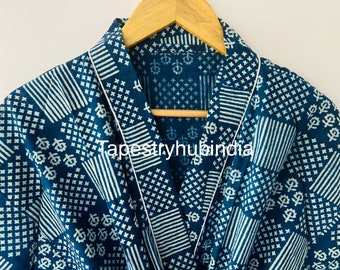 Handblock Printed Indigo Cotton Kimono Robes Swimwear Cotton Robe Multi Color Womens Bath Robe Cotton Robe For Gift Mother’s Day Gifts