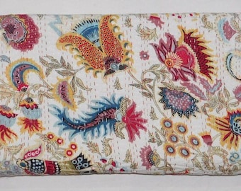 Indian Kantha Quilt Handmade Tree Print Kantha Quilt Bedspread Throw Cotton Blanket Gudari Queen Kantha Bedcover