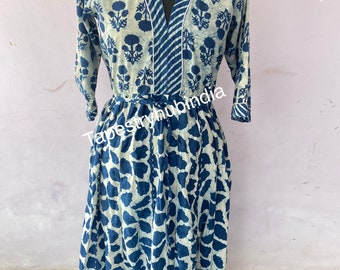 Indian Dress ,indigo block Print ,Cotton Handmade Dress, Sketer Circle Dress, Flapper Dress And Blousen Dress ,Long Dress
