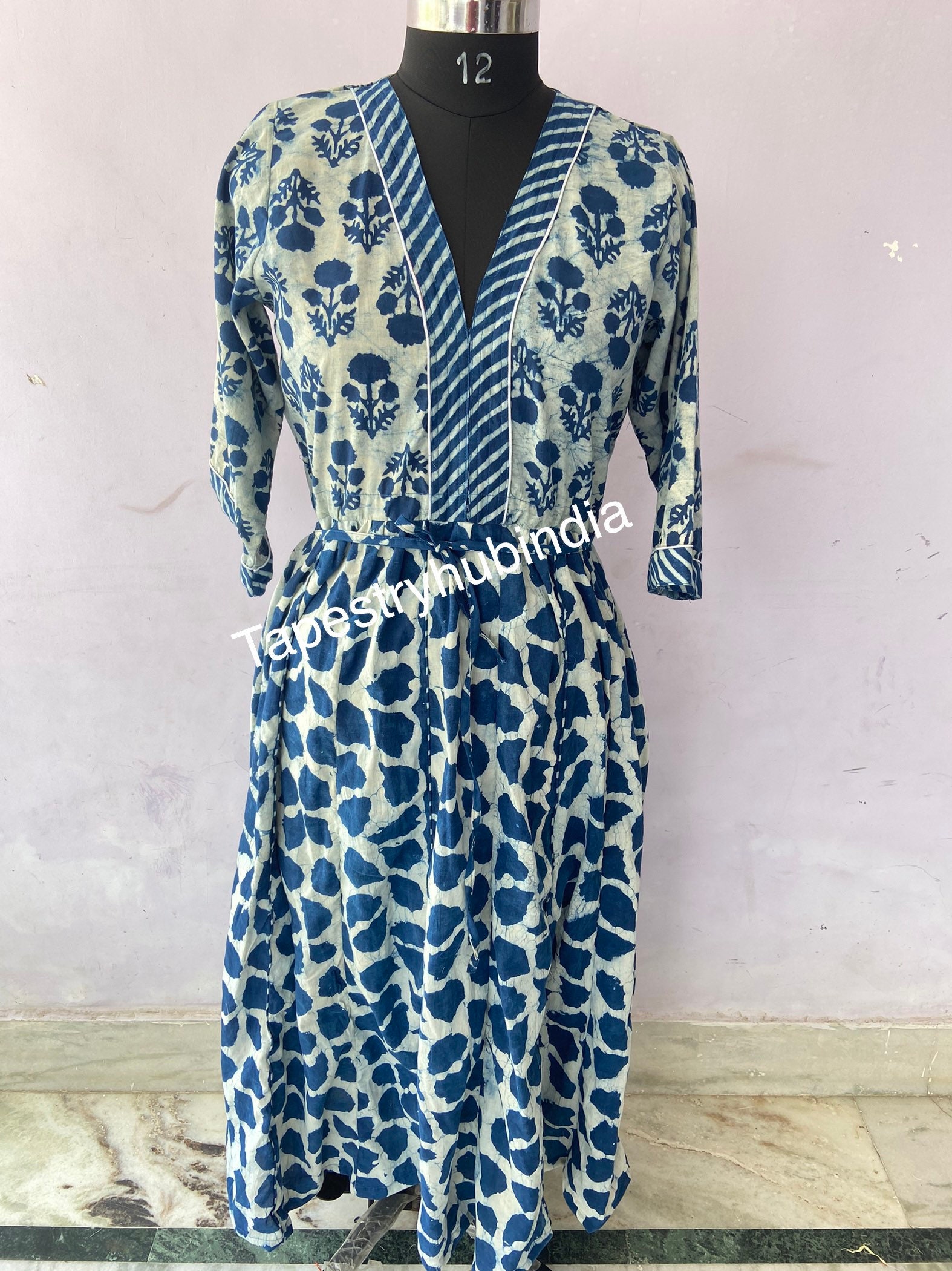 Rita Hand Woven Cotton Block Batik Printed Dress in Natural Indigo main image 0