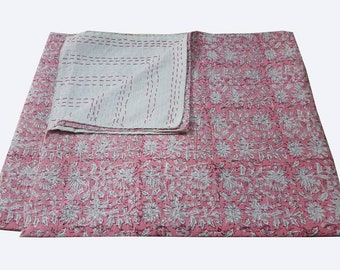 Indian Handmade Decorative Beautiful Floral Design Kantha Quilt Perfect Bed Matching Kantha Bedspread Queen Size