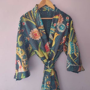 Bird Print Gown Cotton Kimono, Women Wear Body Crossover, Bridesmaid Dressing Gown,Hand Patch Work Block Print Cotton Bathrobe