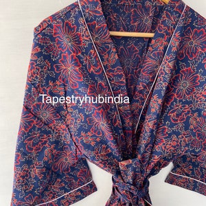 Women&#39;s Kimono Robe Cotton Dressing Gown Boho Cotton Bathrobe for Women Lightweight 100% Organic Cotton Hand-printed Long Yukata japanese