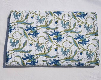 indian quilt wall quilt New small floral blue floral kantha bedspread machine quilting throw flower blanket Queen size kantha quilt 108x90