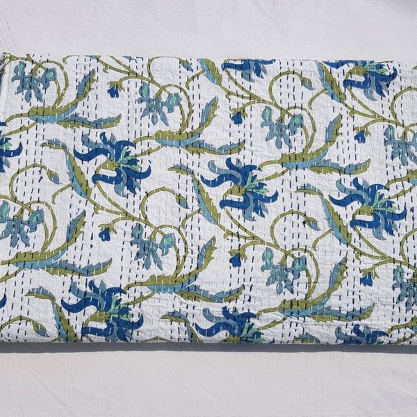 indian quilt wall quilt New small floral blue floral kantha bedspread machine quilting throw flower blanket Queen size kantha quilt 108x90