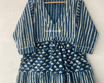 Patchwork Indigo Blockprint cotton Dress , Gown and maxi dress , Bagru print Dress , picnic wear Dress , Woman Clothing style