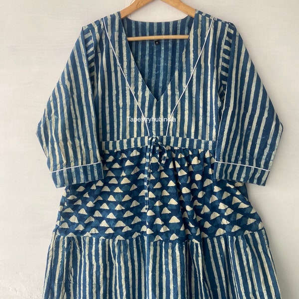 Patchwork Indigo Blockprint cotton Dress , Gown and maxi dress , Bagru print Dress , picnic wear Dress , Woman Clothing style