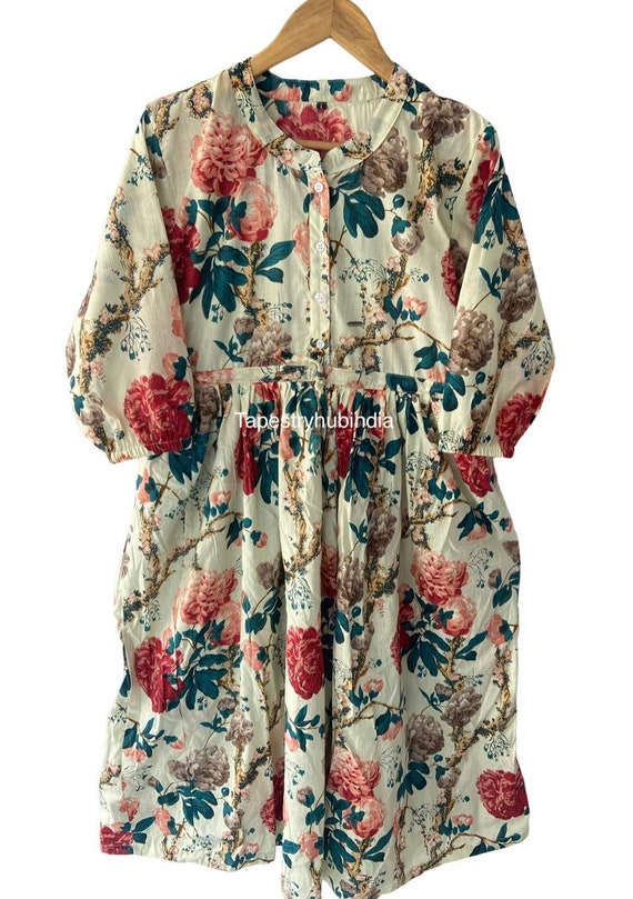 Indian Cotton Dress, Floral block Print Dress,Cotton Handmade Dress, Sketer Circle Dress,Flapper Dress, Blousen Dress, Long Dress BK
