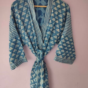 Indigo Cotton Kimono Robes for Women Indian Dressing Gown Unisex Blockprint Beach Cover ups Bridesmaid Gifts