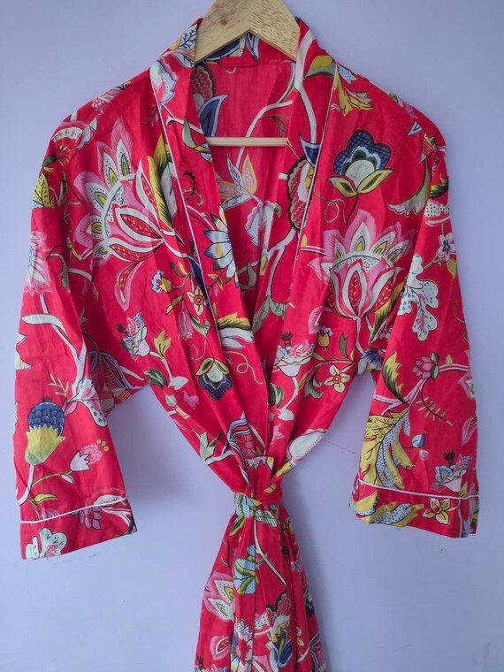 Cotton Kimono, Women Wear Body Crossover, Bridesmaid Dressing Gown, Hand Patch Work Block Print Cotton Bathrobe, Indian Robes, Dressing Gown