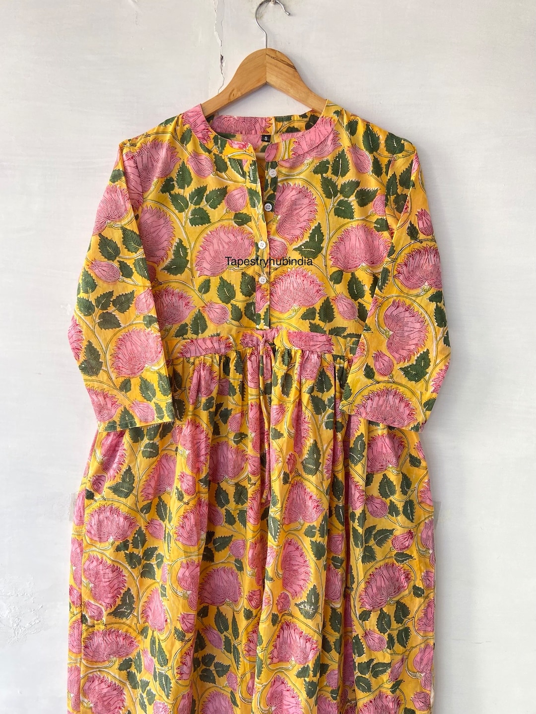 Block Print Cotton Yellow Flowers Dress,handmade Dress ,sketer Circle ...