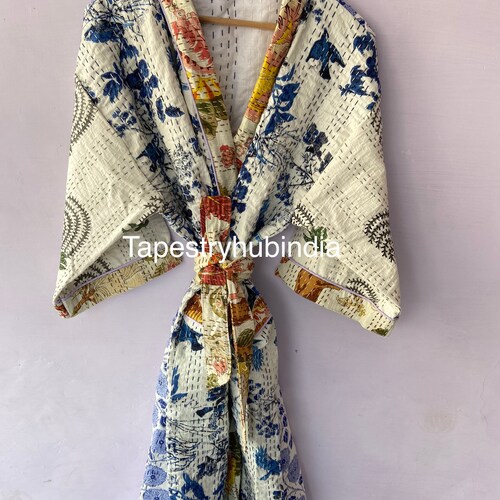Indian handblock patchwork cotton Kantha work kimono robe 50 inch length shops Kantha kimono robe beach kimono free size robes