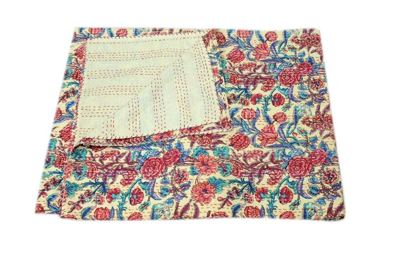 Handmade INDIAN Hand-Stitched Patchwork Vintage Kantha Quilt Hand-Stitched Queen Kantha Throw Floral Recycled Old Sari Cotton Blanket