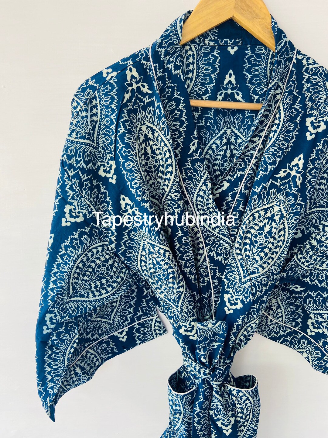 Preppy Blue Robe Blue Color Robe, Cotton Kimono Dress, Nightgown and Robe, Lace Bridal ...