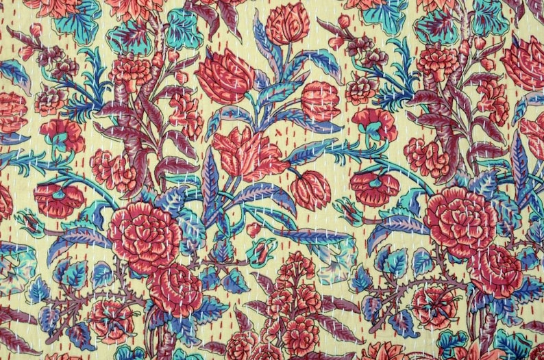 Handmade INDIAN Hand-Stitched Patchwork Vintage Kantha Quilt Hand-Stitched Queen Kantha Throw Floral Recycled Old Sari Cotton Blanket