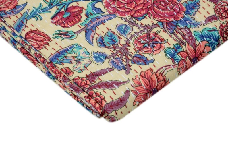 Handmade INDIAN Hand-Stitched Patchwork Vintage Kantha Quilt Hand-Stitched Queen Kantha Throw Floral Recycled Old Sari Cotton Blanket