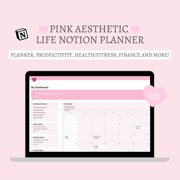 Pink Notion Template Life Planner | All in One Template Notion Planner | Lifestyle, Productivity, Health & Fitness, Finance Planner