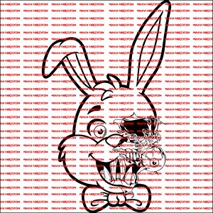 Puede incluir: Ilustración en blanco y negro de un conejo con pajarita. El conejo tiene una gran sonrisa y un ojo es un círculo grande. El otro ojo es un círculo más pequeño con una espiral en su interior.