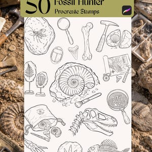 Peut inclure: Une collection numérique de 50 tampons Procreate Fossil Hunter présentant des illustrations au trait noir de fossiles, une loupe, un marteau de géologue, un pinceau, une carte, une boussole, un sac à cordon, un crâne de dinosaure et un squelette de poisson.