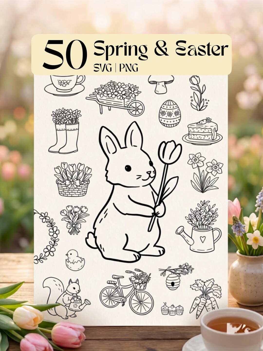 50 Spring & Easter SVG - PNG Bundle, Spring Floral Designs (digital ...