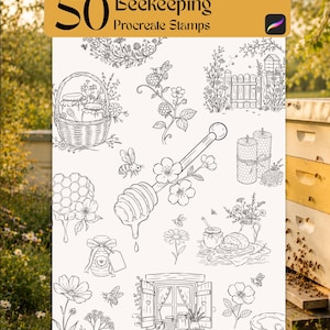 May include: A digital collection of 50 Beekeeping Procreate Stamps featuring black and white line art illustrations of honey dippers, bees, honeycomb, flowers, jars of honey, a wooden window, a garden gate, and candles on a white background.