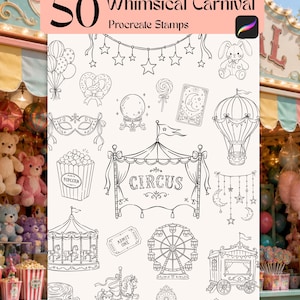 Op de afbeelding: Een digitale collectie van 50 Whimsical Carnival Procreate-stempels met zwarte lijntekeningen van een circustent, reuzenrad, draaimolen, heteluchtballon, popcorn, ballonnen, een ticket, een masker en andere kermis-gerelateerde iconen.