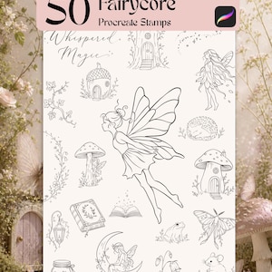 Op de afbeelding: Een digitale kunstset getiteld "50 Fairycore Procreate Stamps" met illustraties van feeën, paddenstoelen en boswezens. De woorden "Whispered Magic" zijn ook inbegrepen.