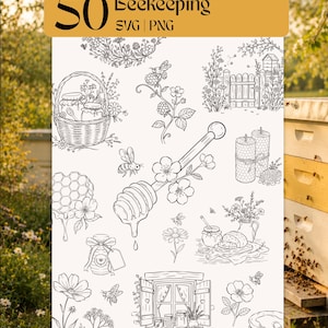 Può includere: Una collezione di illustrazioni a tratto in bianco e nero a tema apicoltura, tra cui spargimiele, api, fiori, barattoli e una finestra. Il testo in alto recita 50 Beekeeping SVG | PNG. Queste grafiche sono disposte su sfondo bianco.