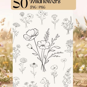 Pode incluir: Uma impressão de arte digital com 50 ilustrações de flores silvestres em linha preta sobre um fundo creme. O texto "50 Wildflowers SVG | PNG" está num retângulo bege. As flores incluem papoilas, margaridas e outros desenhos florais.