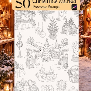 May include: A digital collection of 50 Christmas Market Procreate stamps featuring black and white line art illustrations of holiday stalls, a decorated tree, ornaments, a street lamp, mugs of cocoa, gingerbread cookies, and a pretzel.