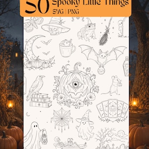 May include: A digital collection of 50 Spooky Little Things SVG and PNG files featuring black and white line art illustrations of ghosts, pumpkins, bats, a raven on books, a skeleton in a bathtub, tarot cards, and a toad wearing a witch hat.