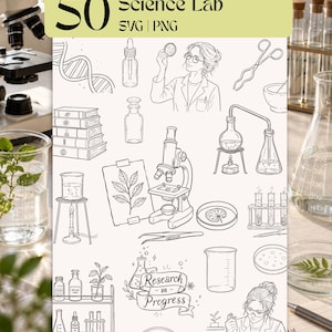 Peut inclure: Une collection numérique de 50 illustrations au trait noir et blanc représentant du matériel de laboratoire scientifique, dont un microscope, des béchers, des éprouvettes, des brins d'ADN et des scientifiques, avec le texte 50 Science Lab SVG | PNG.